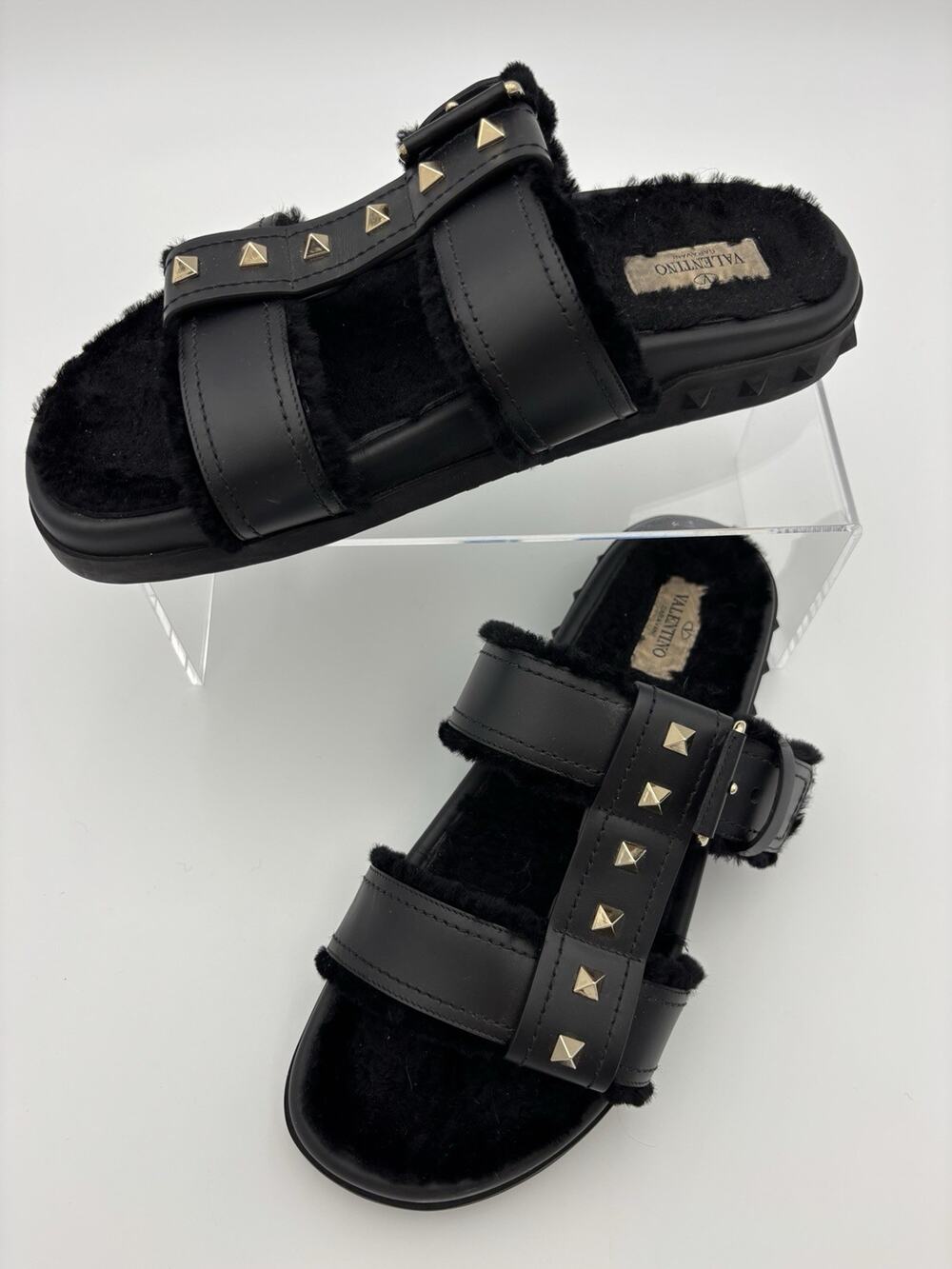 Authentic Valentino Rockstud Fur Lined Slides Dad Sandals Black Leather Size 38